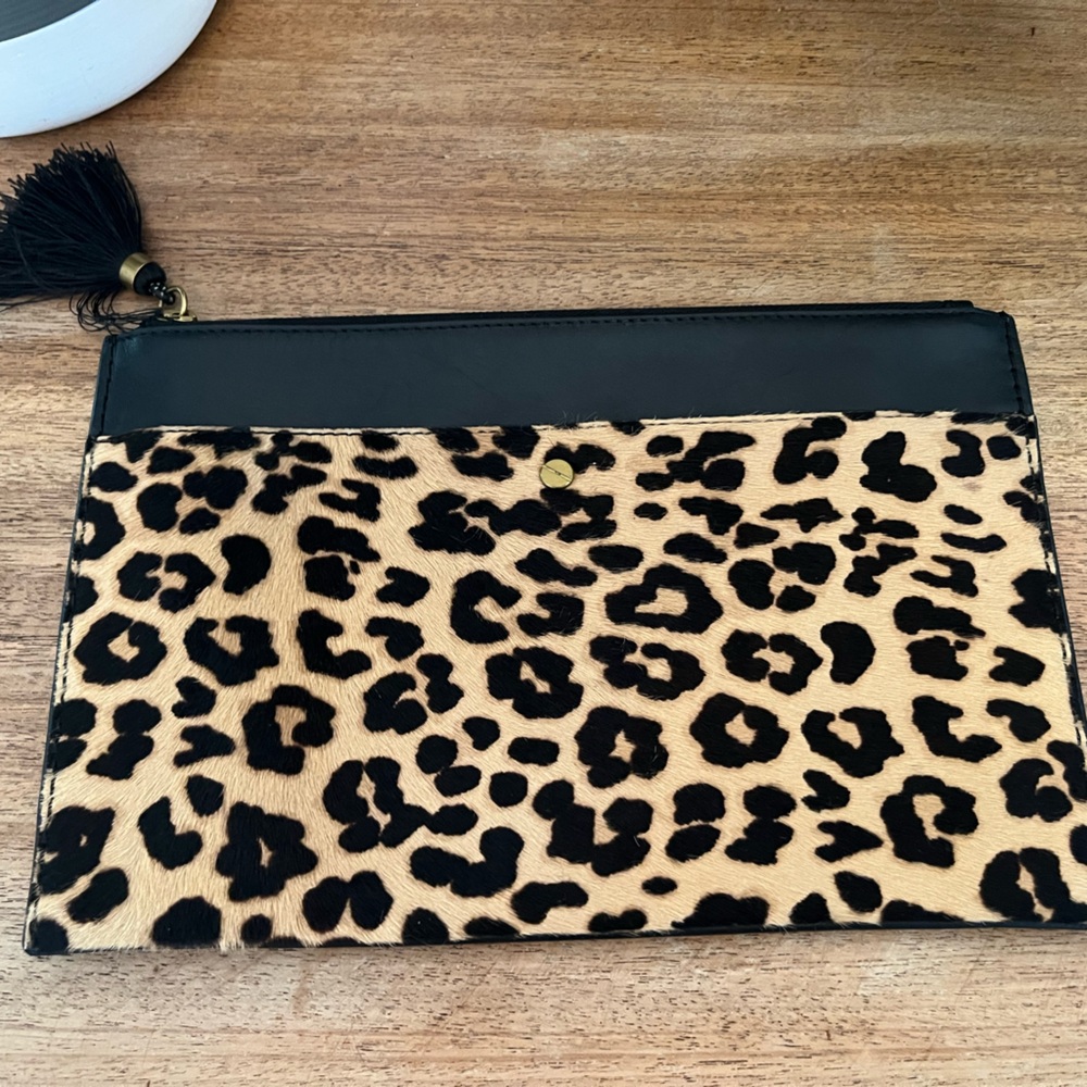J. Crew Animal Print Clutch with Black Trim